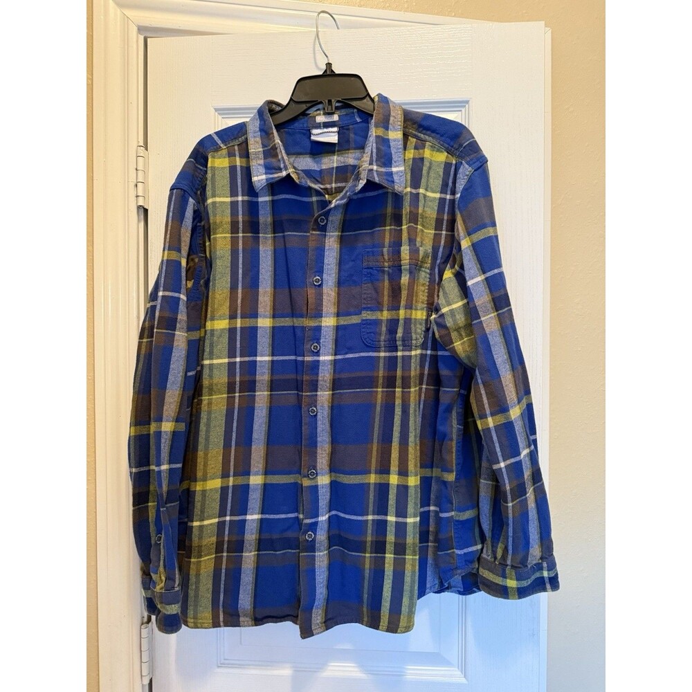 Columbia Fleece Long Sleeve Button Up Blue Yellow Plaid Camping Boat Shirt XXL